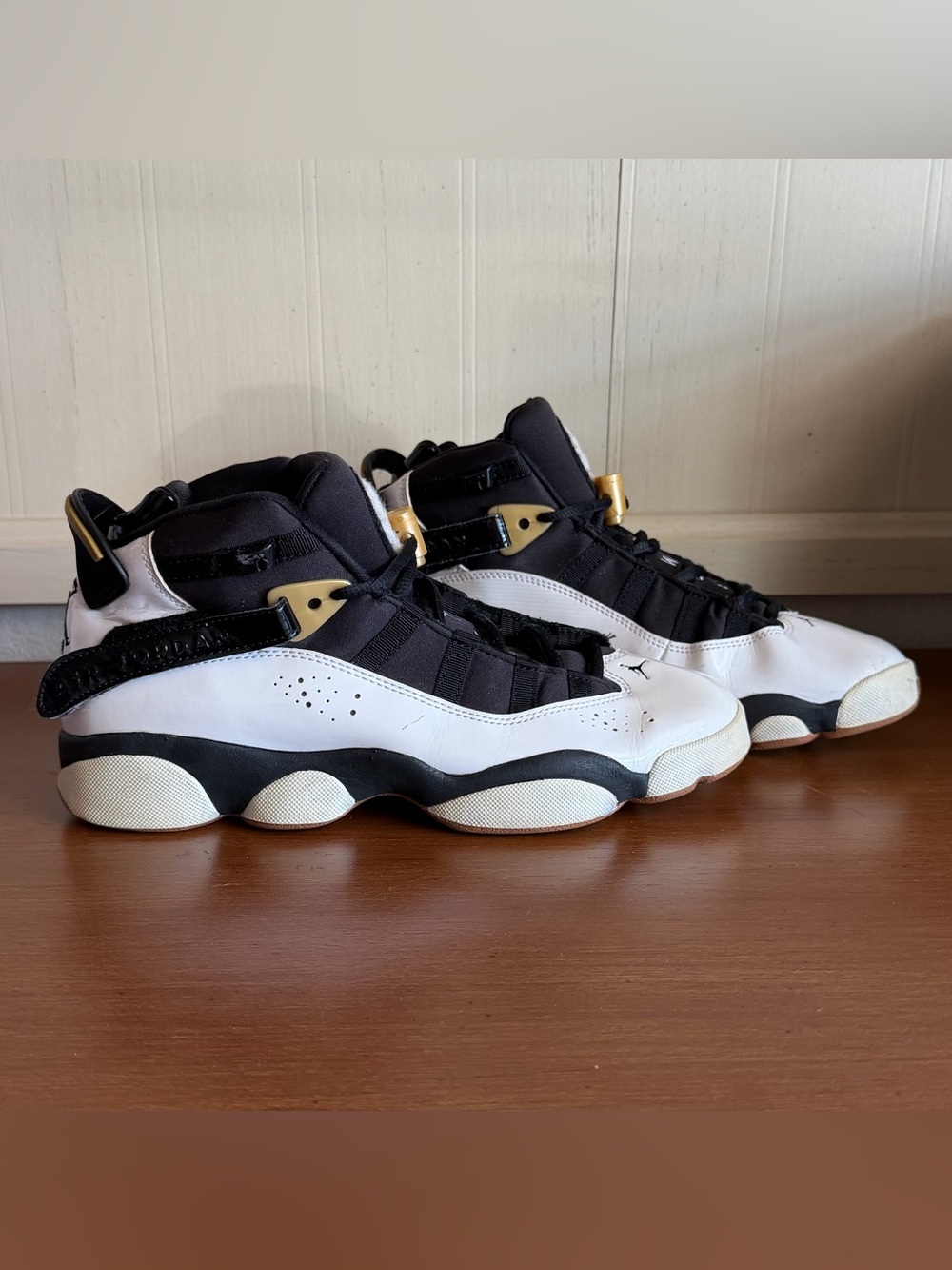 Jordan Air 6 Rings Size 7Y White/Black/Gold DMP Tuxedo Chic Y2K Techwear Chunky